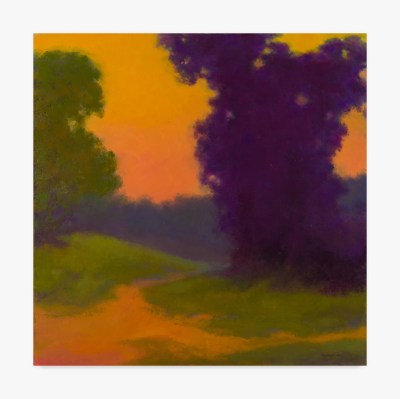 An abstract landscape-like painting with an orange sky and green and orange on the ground. To the left is a large dark purple bush. 