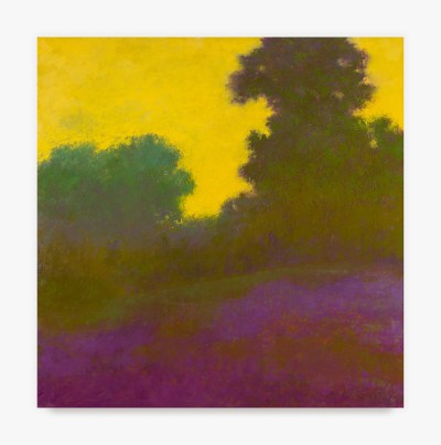 A semi-abstract painting of a landscape with a yellow sky with green and purple bushes and trees on the ground. 