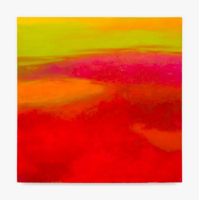 Abstract painting that is mostly yellow, red-orange, pink, red and orange. 