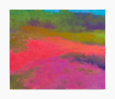 An abstract landscape-like painting with pink and purple on the ground, green grass and trees and an electric blue sky. 